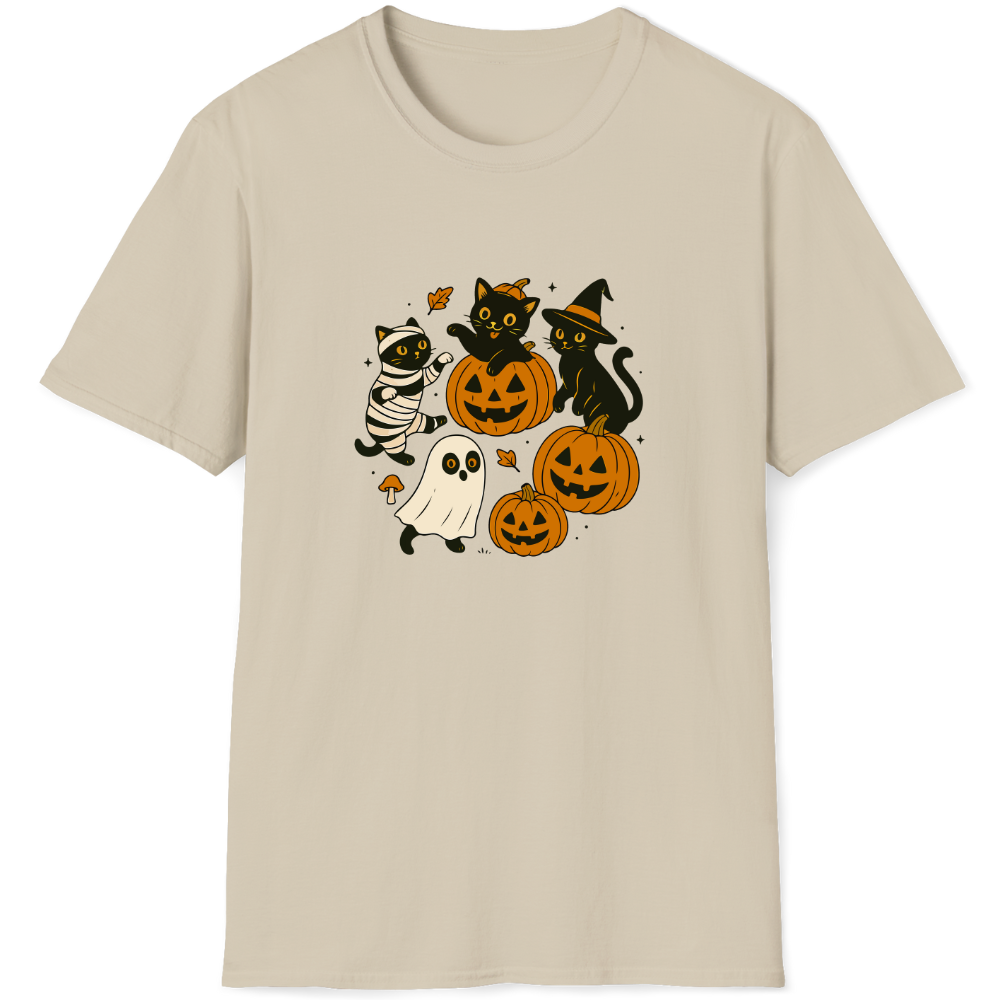 Mummy, witch, and ghost surround the Jack-o'-lantern