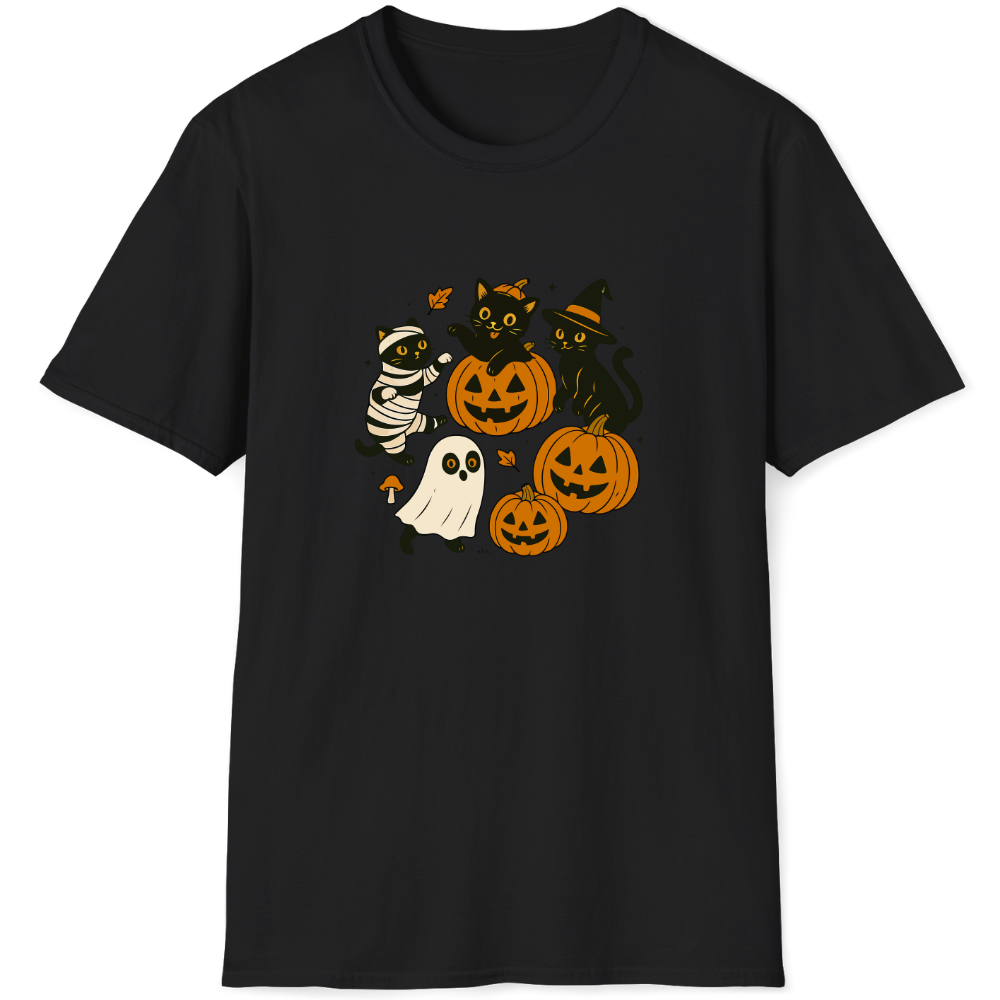 Mummy, witch, and ghost surround the Jack-o'-lantern