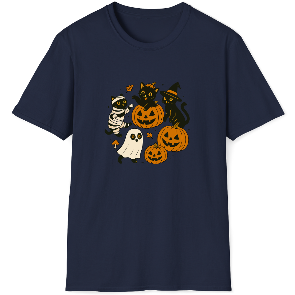 Mummy, witch, and ghost surround the Jack-o'-lantern