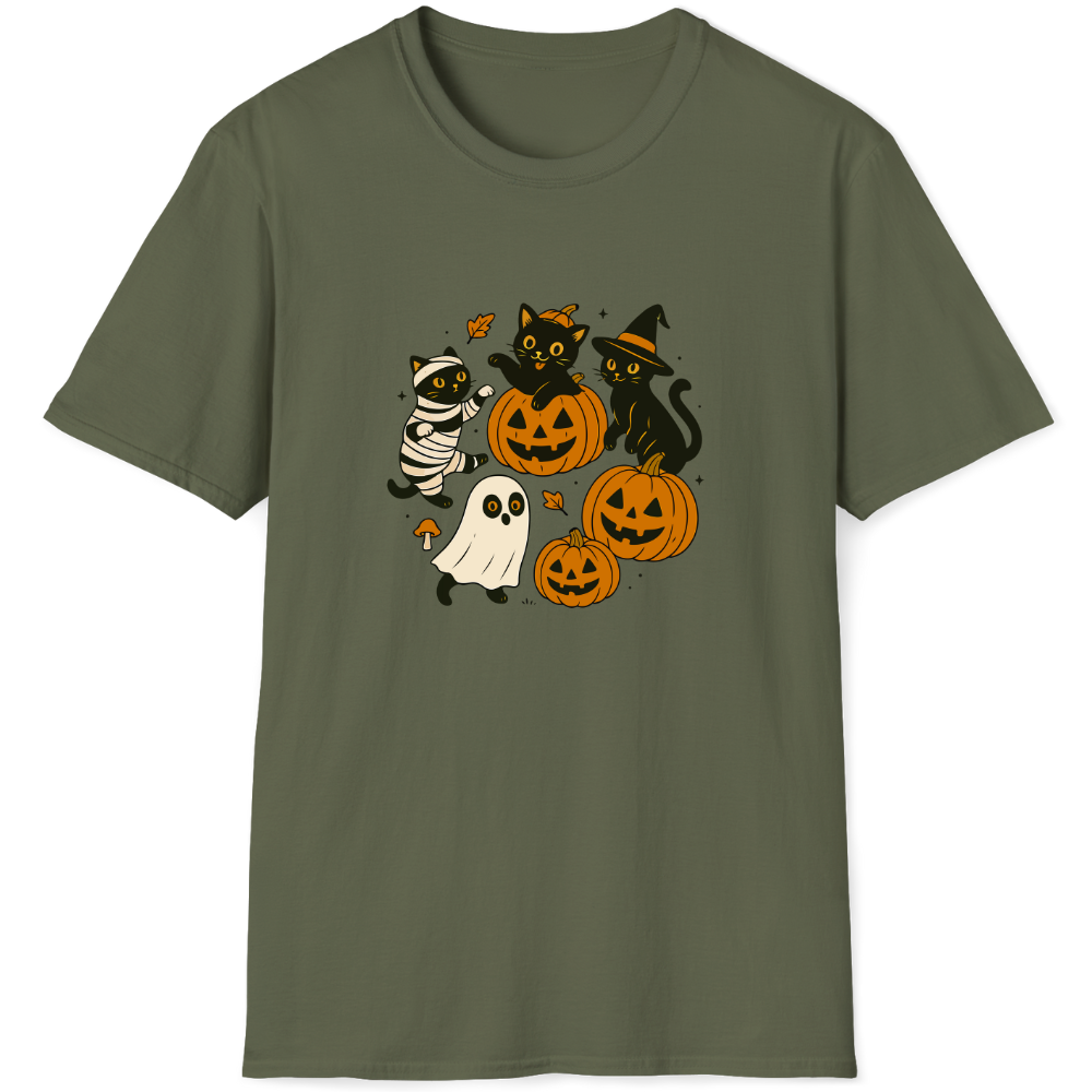 Mummy, witch, and ghost surround the Jack-o'-lantern