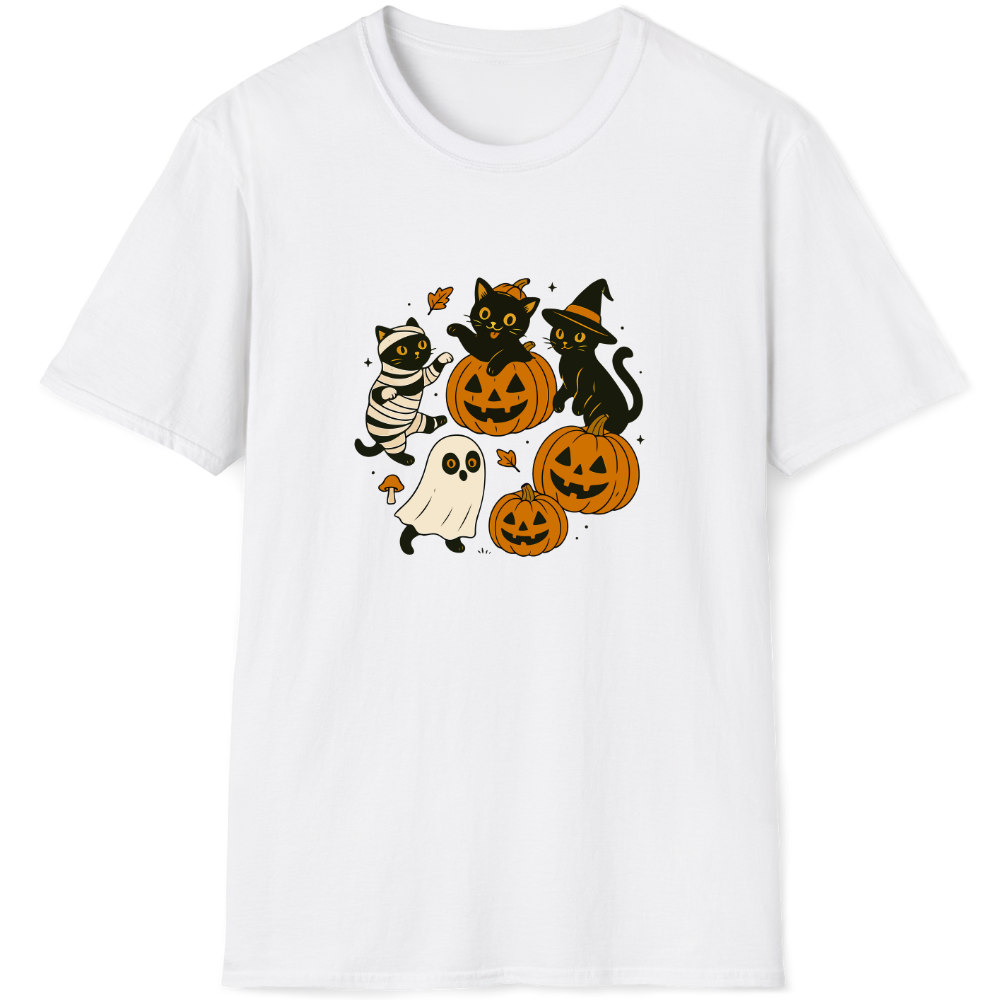 Mummy, witch, and ghost surround the Jack-o'-lantern