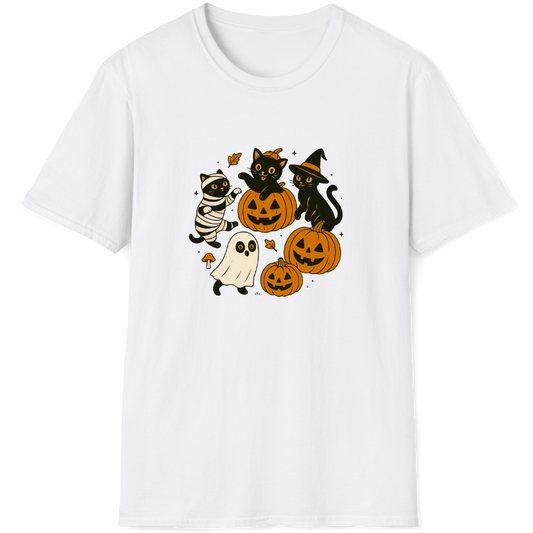 Mummy, witch, and ghost surround the Jack-o'-lantern