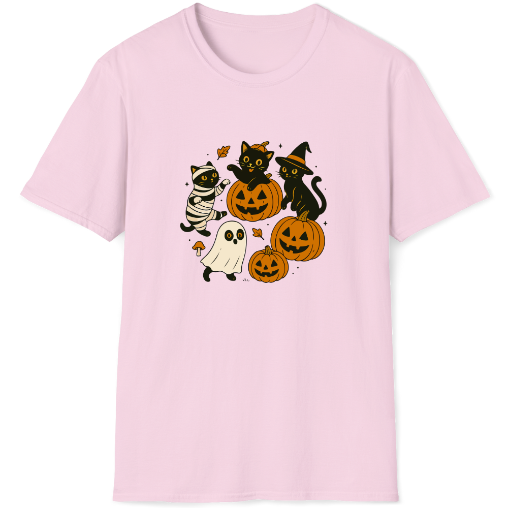 Mummy, witch, and ghost surround the Jack-o'-lantern
