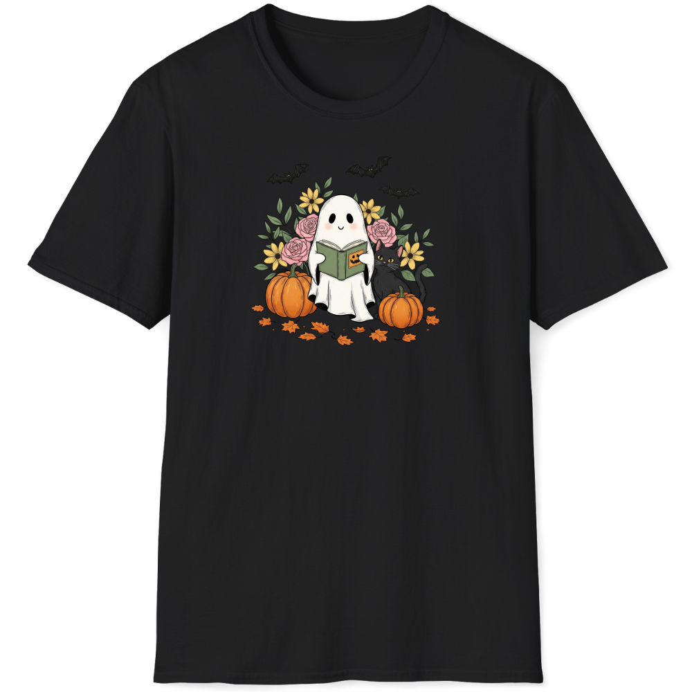Halloween ghost reading book with pumpkins, flowers, and bats