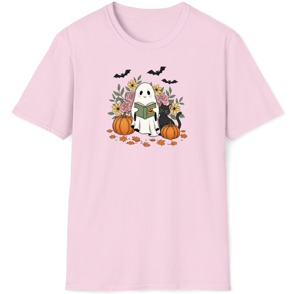 Halloween ghost reading book with pumpkins, flowers, and bats