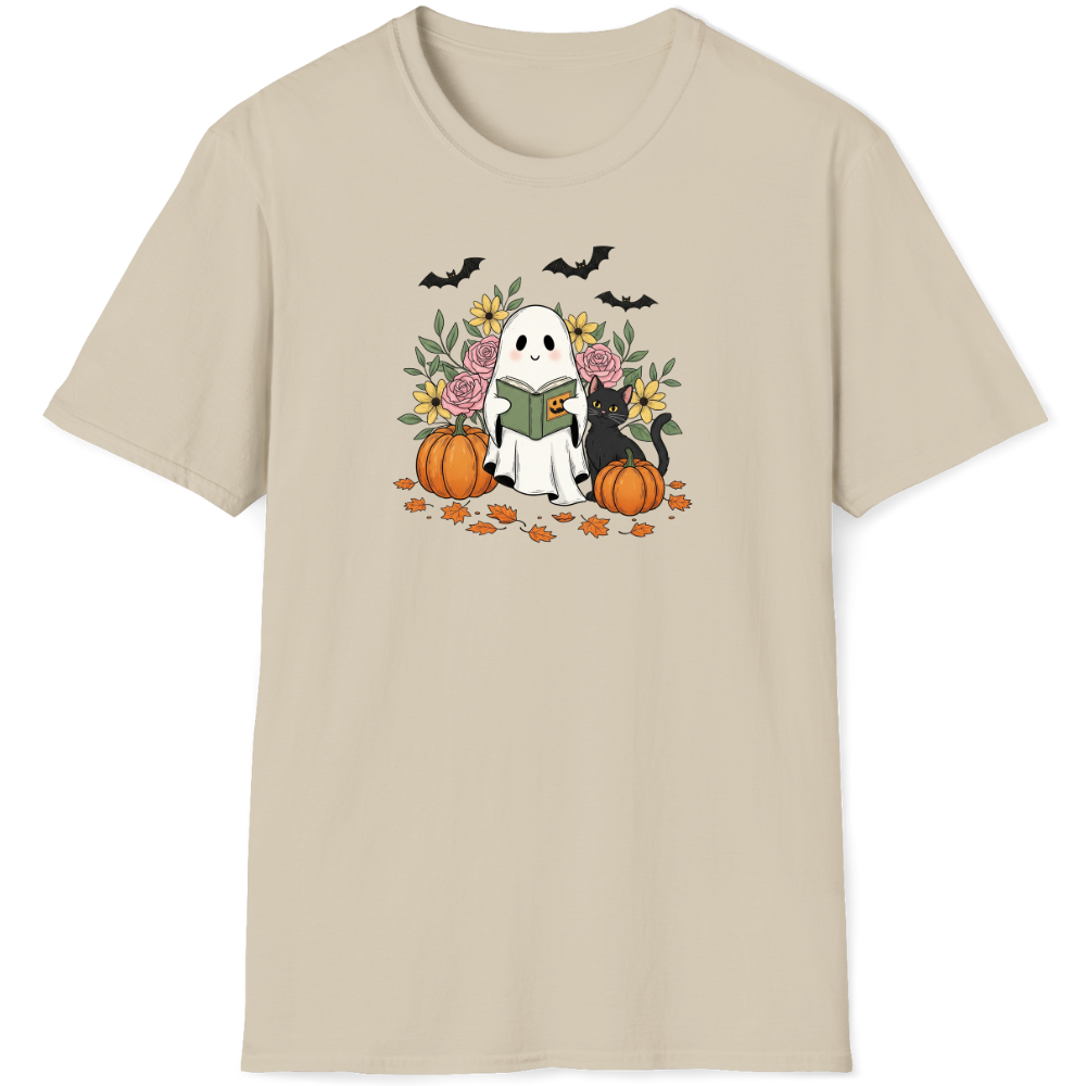 Halloween ghost reading book with pumpkins, flowers, and bats