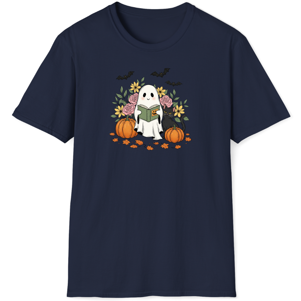 Halloween ghost reading book with pumpkins, flowers, and bats