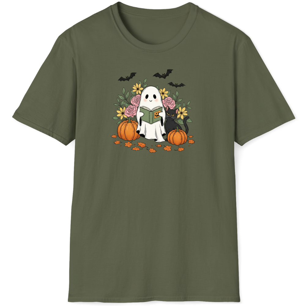 Halloween ghost reading book with pumpkins, flowers, and bats
