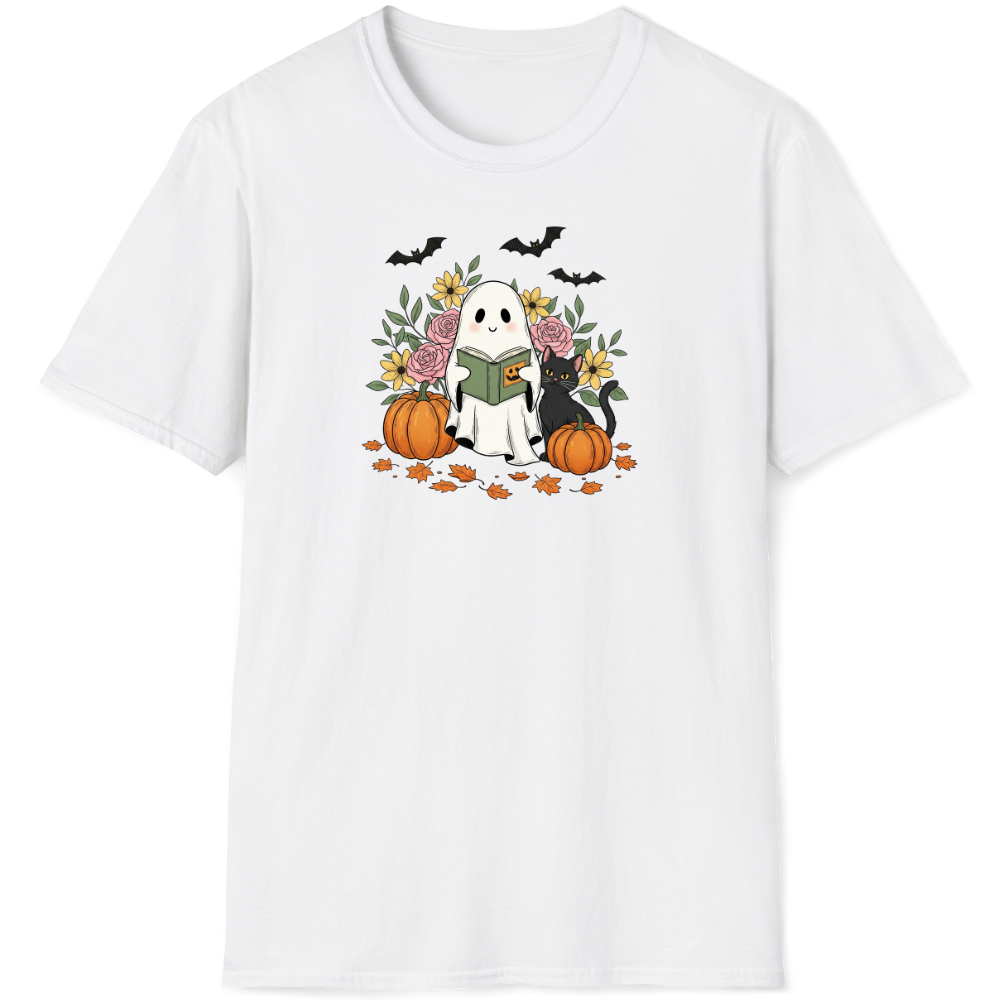 Halloween ghost reading book with pumpkins, flowers, and bats