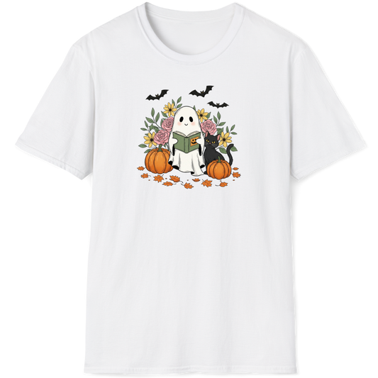 Halloween ghost reading book with pumpkins, flowers, and bats